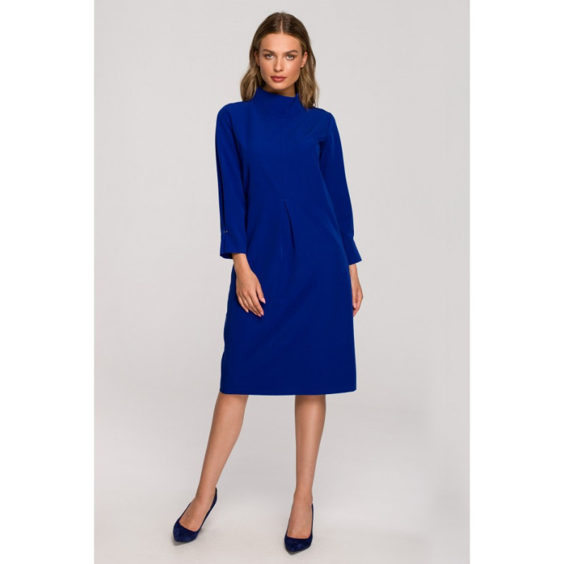 S318 Sukienka z dekoracyjnymi zakładkami - chabrowa