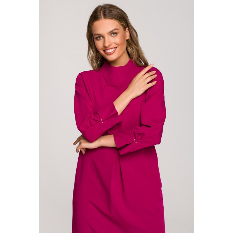 S318 Sukienka z dekoracyjnymi zakładkami - śliwkowa