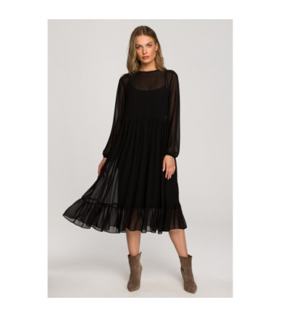 S319 Sukienka szyfonowa z falbaną - czarna