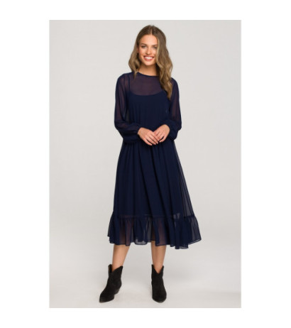 S319 Sukienka szyfonowa z falbaną - granatowa