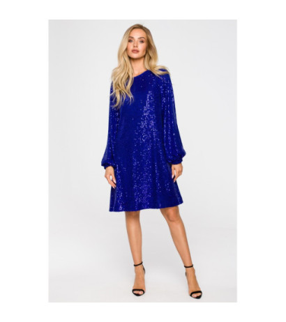 M715 Sukienka rozkloszowana z paskiem - chabrowa