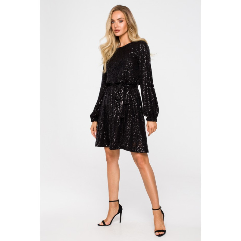 M715 Sukienka rozkloszowana z paskiem - czarna