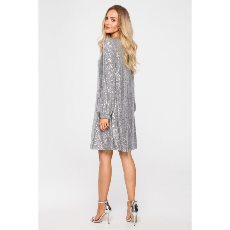 M715 Sukienka rozkloszowana z paskiem - srebrna