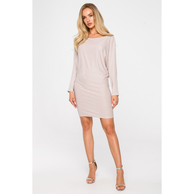 M723 Sukienka z dekoltem opadającym na ramię - szampańska