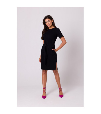 B263 Sukienka bawełniana z naszytymi kieszeniami - czarna