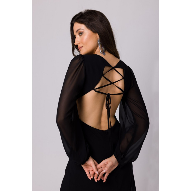 K166 Sukienka szyfonowa z odkrytymi plecami - czarna