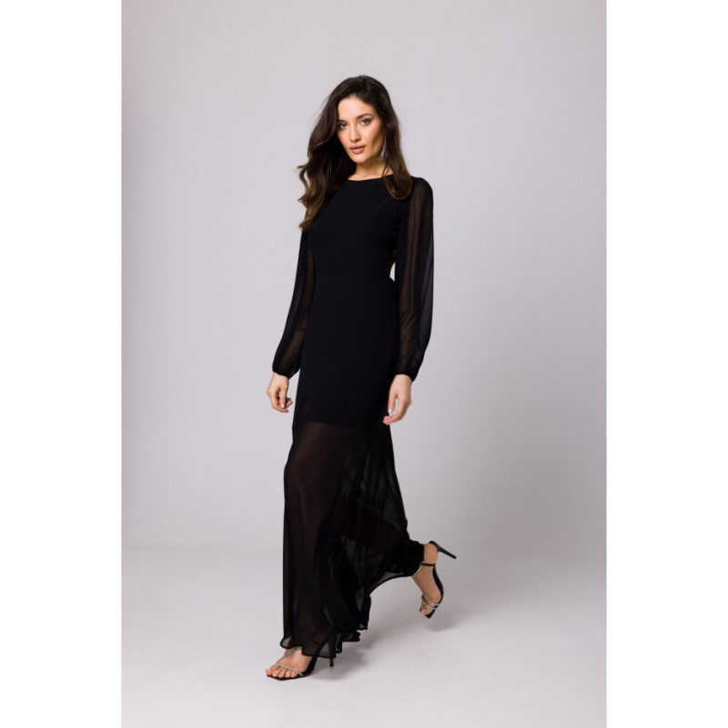 K166 Sukienka szyfonowa z odkrytymi plecami - czarna