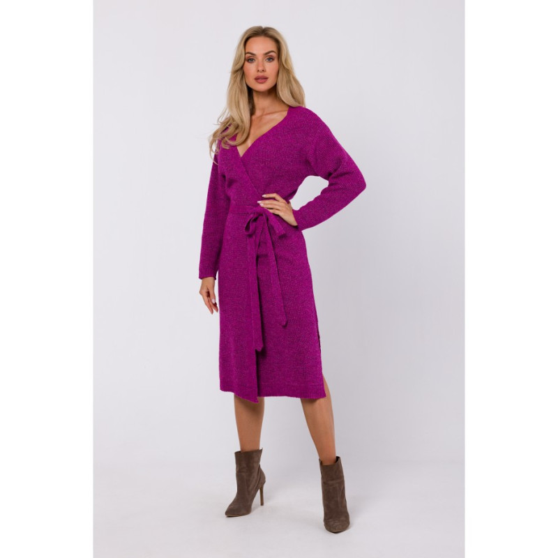 M772 Sukienka na zakładkę wiązana wokół talii - malinowa