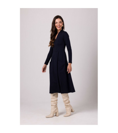 B266 Sukienka rozkloszowana z naszytymi kieszeniami - granatowa