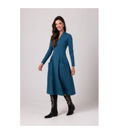 B266 Sukienka rozkloszowana z naszytymi kieszeniami - morski