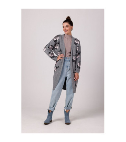 BK102 Długi kardigan w róże - popielaty