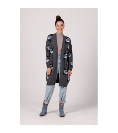 BK102 Długi kardigan w róże - grafitowy