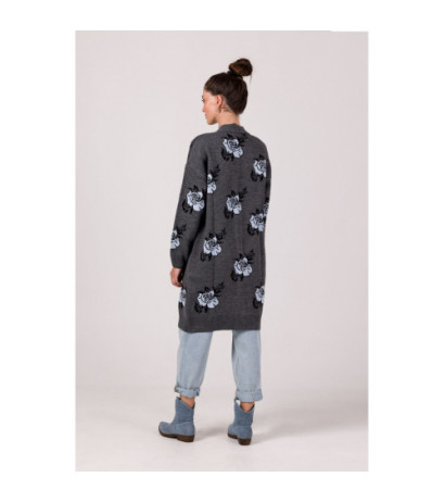 BK102 Długi kardigan w róże - grafitowy