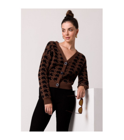 BK104 Krótki kardigan we wzór pepitka - brązowy