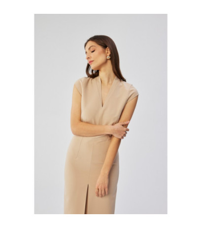 S359 Sukienka ołówkowa z podwójnym dekoltem - beżowa