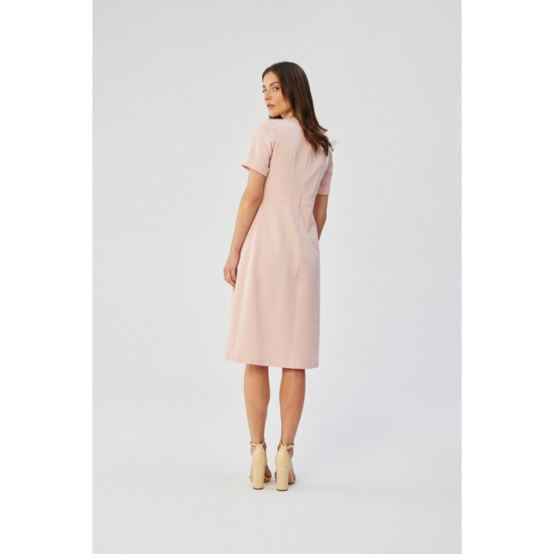 S361 Sukienka z ozdobnymi zakładkami na boku - pudrowa