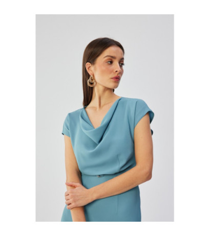 S362 Sukienka asymetryczna z dekoltem typu woda - zimnoniebieska