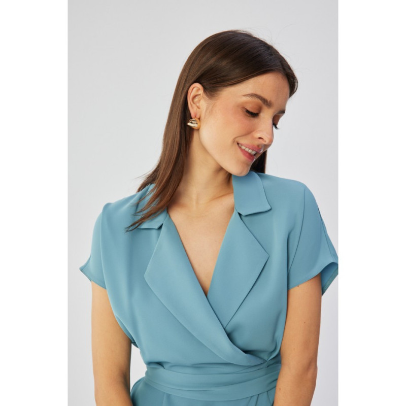 S363 Sukienka midi z kołnierzem - zimnoniebieska