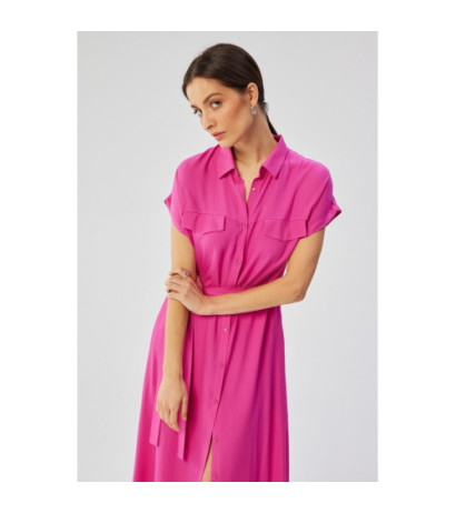 S364 Sukienka maxi rozpinana z krótkimi rękawami - liliowa