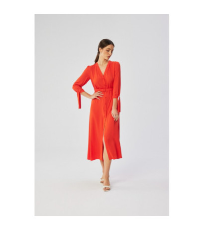 S365 Sukienka midi z wiązanymi mankietami - koralowa