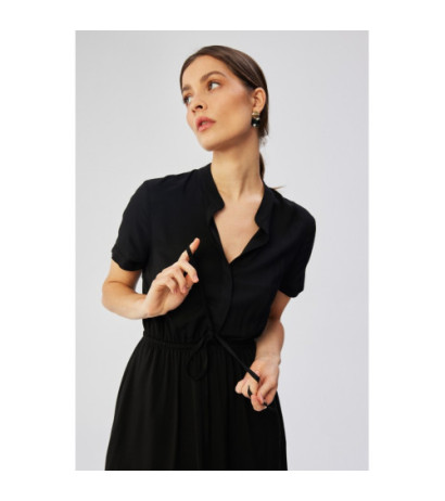 S366 Sukienka ze stójką i wiązaniem w pasie - czarna