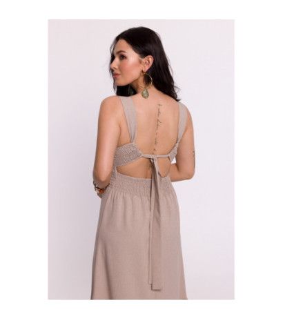 B281 Sukienka z gumowanym paskiem i wiązaniem na plecach - beżowa