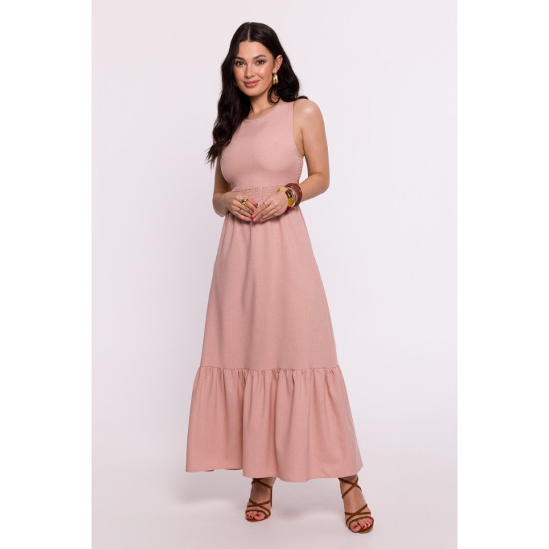 B281 Sukienka z gumowanym paskiem i wiązaniem na plecach - różowa