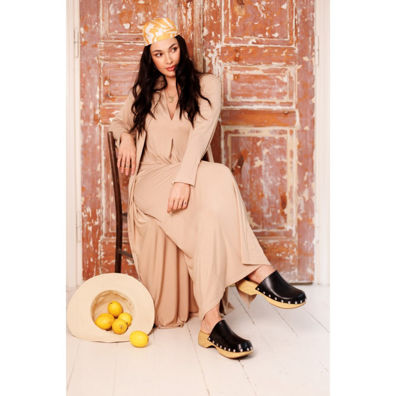 B284 Sukienka wiskozowa maxi z zakładką - cappuccino