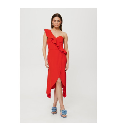 K185 Sukienka z falbaną na jedno ramię - koralowa