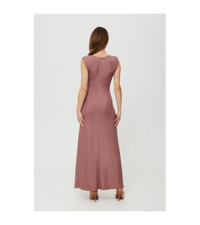 K186 Metaliczna sukienka maxi z poduszkami i marszczeniem - pudrowa