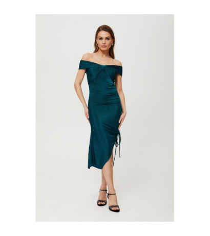 K187 Metaliczna sukienka ściągana na boku - morska