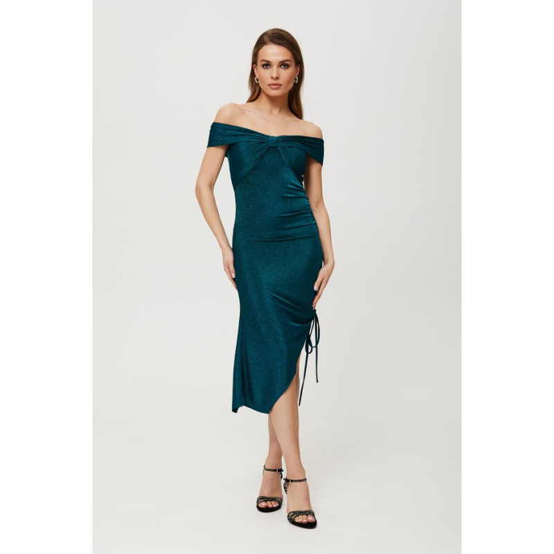 K187 Metaliczna sukienka ściągana na boku - morska