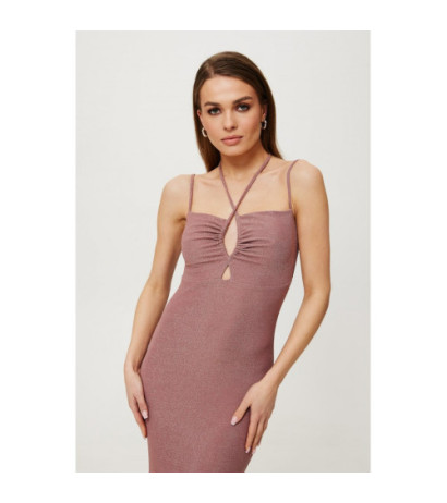 K188 Metaliczna sukienka maxi z wiązaniem w dekolcie - pudrowa