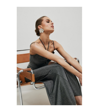 K188 Metaliczna sukienka maxi z wiązaniem w dekolcie - srebrna