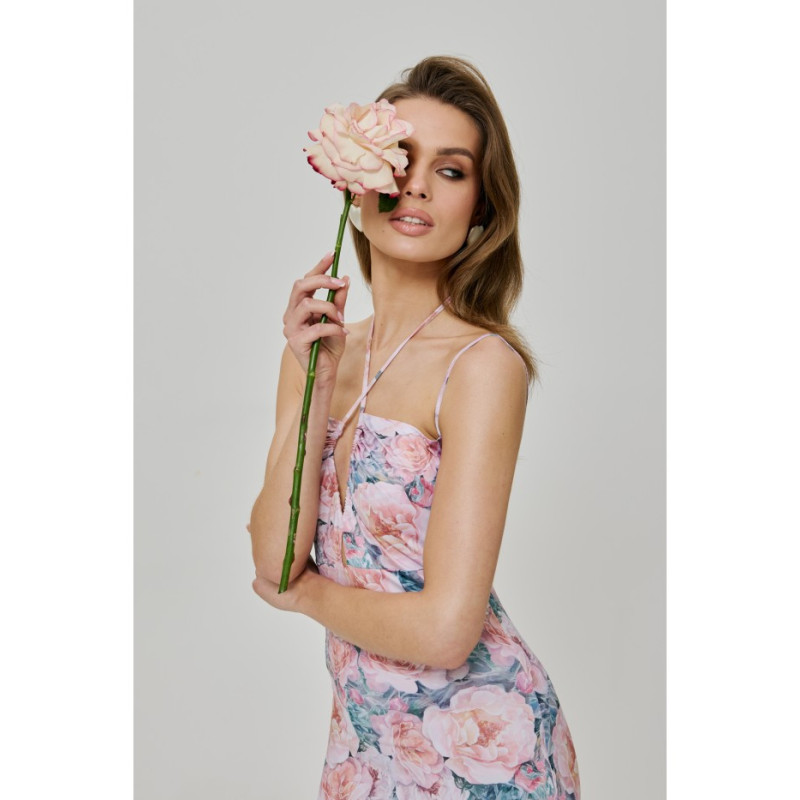 K193 Sukienka maxi z nadrukiem i wiązaniem w dekolcie - model 1