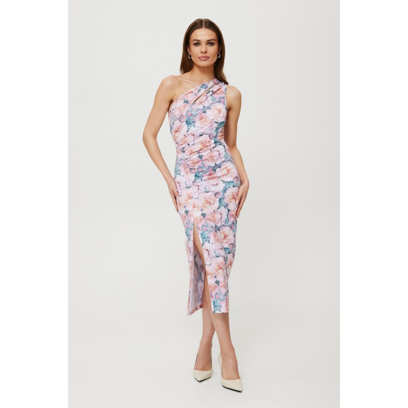 K194 Sukienka midi z nadrukiem i łezką w dekolcie - model 1