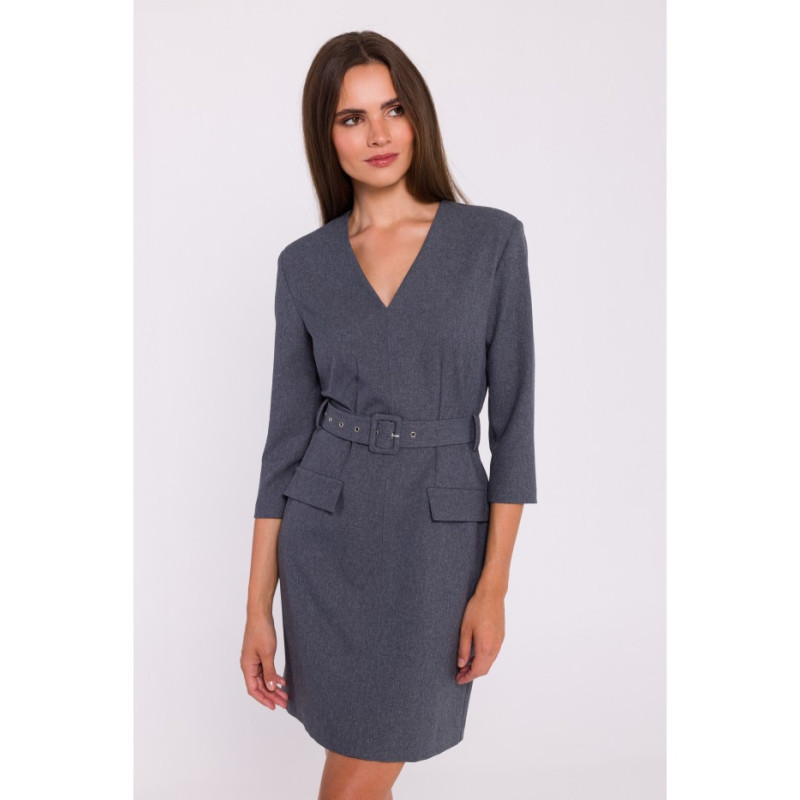 S369 Krótka sukienka z paskiem - szara