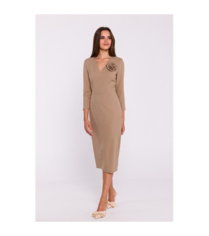 S372 Sukienka midi z kwiatkiem - beżowa