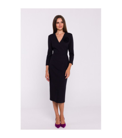 S372 Sukienka midi z kwiatkiem - czarna