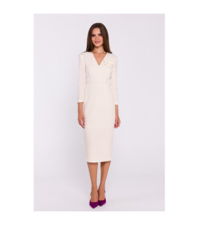 S372 Sukienka midi z kwiatkiem - kość słoniowa