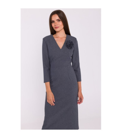 S372 Sukienka midi z kwiatkiem - szara