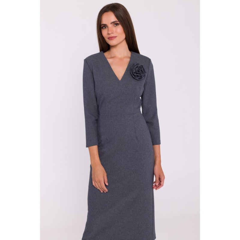 S372 Sukienka midi z kwiatkiem - szara