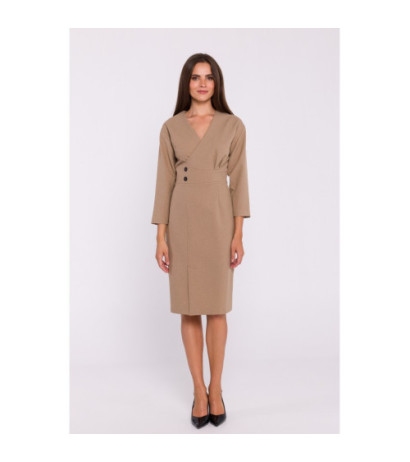 S374 Sukienka z podkreśloną talią i ozdobnymi guzikami - beżowa