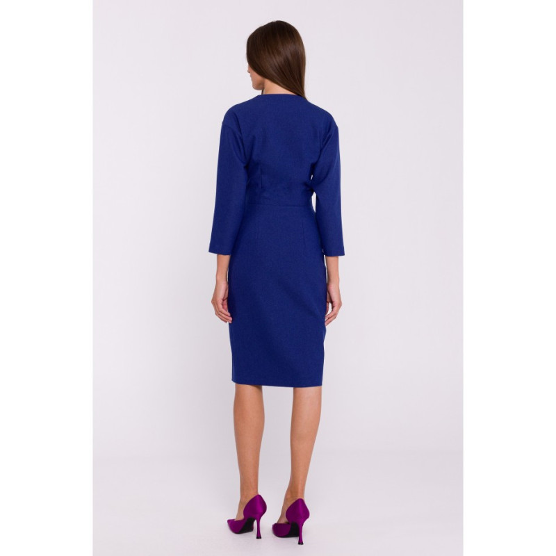 S374 Sukienka z podkreśloną talią i ozdobnymi guzikami - niebieska