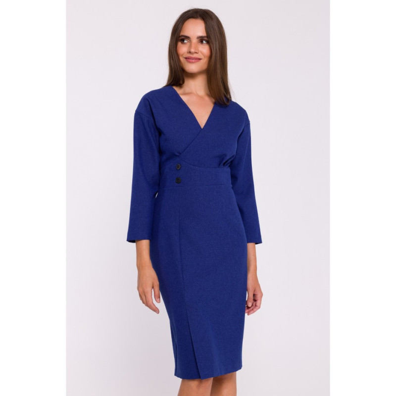 S374 Sukienka z podkreśloną talią i ozdobnymi guzikami - niebieska