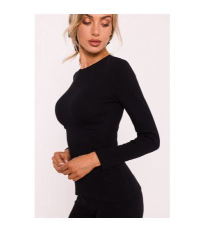 M817 Prążkowana bluzka z gorsetowym przeszyciem - czarna