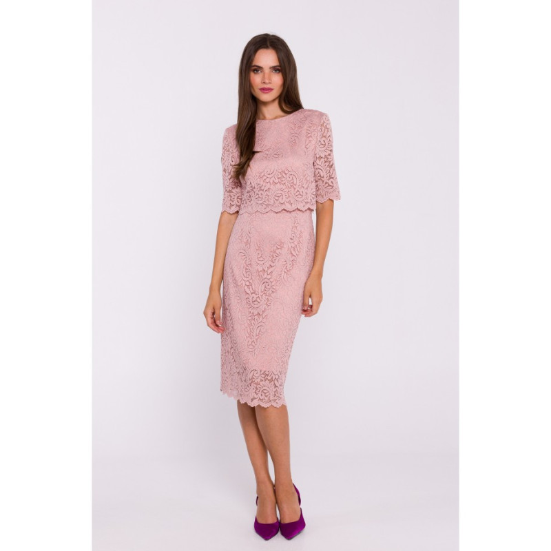 S379 Koronkowa sukienka z podwójną górą - pudrowa