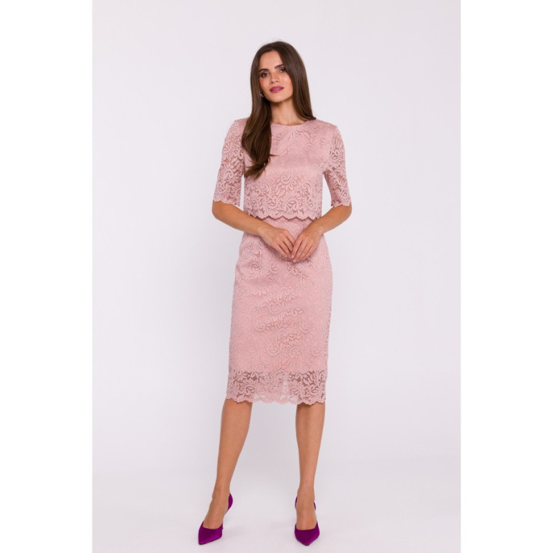 S379 Koronkowa sukienka z podwójną górą - pudrowa