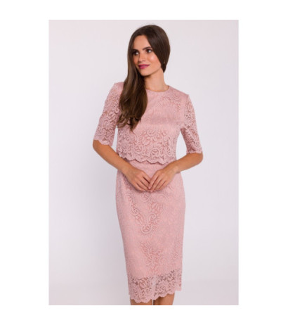 S379 Koronkowa sukienka z podwójną górą - pudrowa