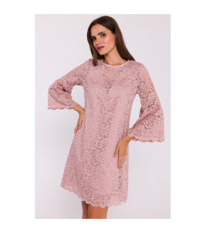 S380 Koronkowa sukienka trapez - pudrowa
